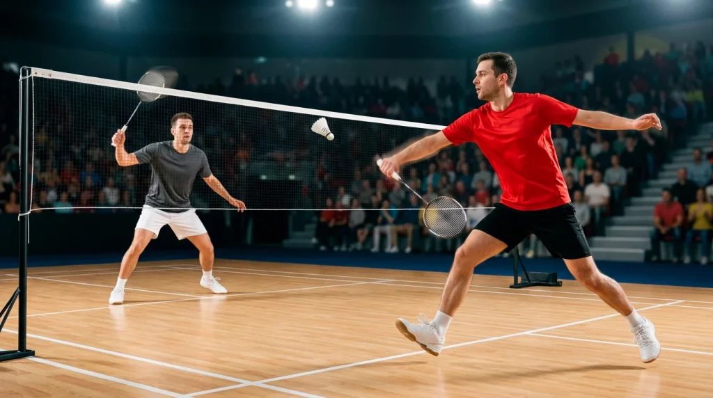 Schnelle Federball-Rallye zweier Profis über dem Netz als Bildmotiv zu Badminton Live-Wetten