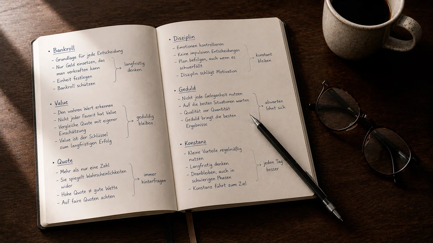 Analyst notiert handschriftlich Wettstrategien und Bankroll-Regeln in ein Notizbuch