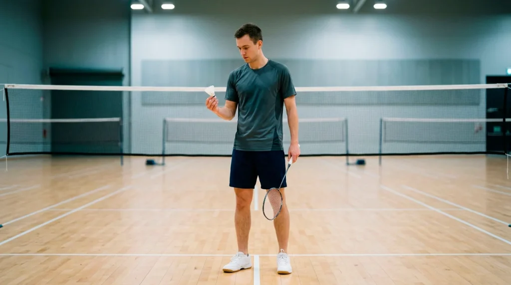 Konzentrierter Badminton-Profi mit Schläger und Federball zwischen den Punkten als Bildmotiv zur Badminton Wetten Strategie