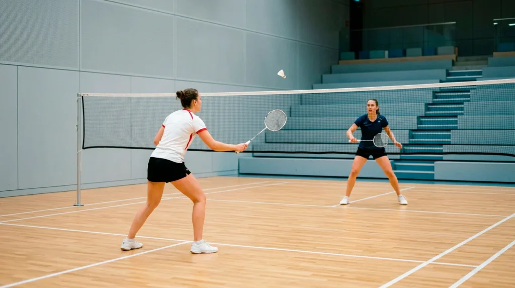 Badminton-Profimatch in moderner deutscher Sporthalle als Bildmotiv zu den besten Badminton Wettanbietern