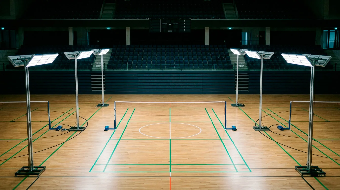 Innenansicht einer Badminton-Wettkampfhalle mit BWF-World-Tour-Court und Zuschauerrängen