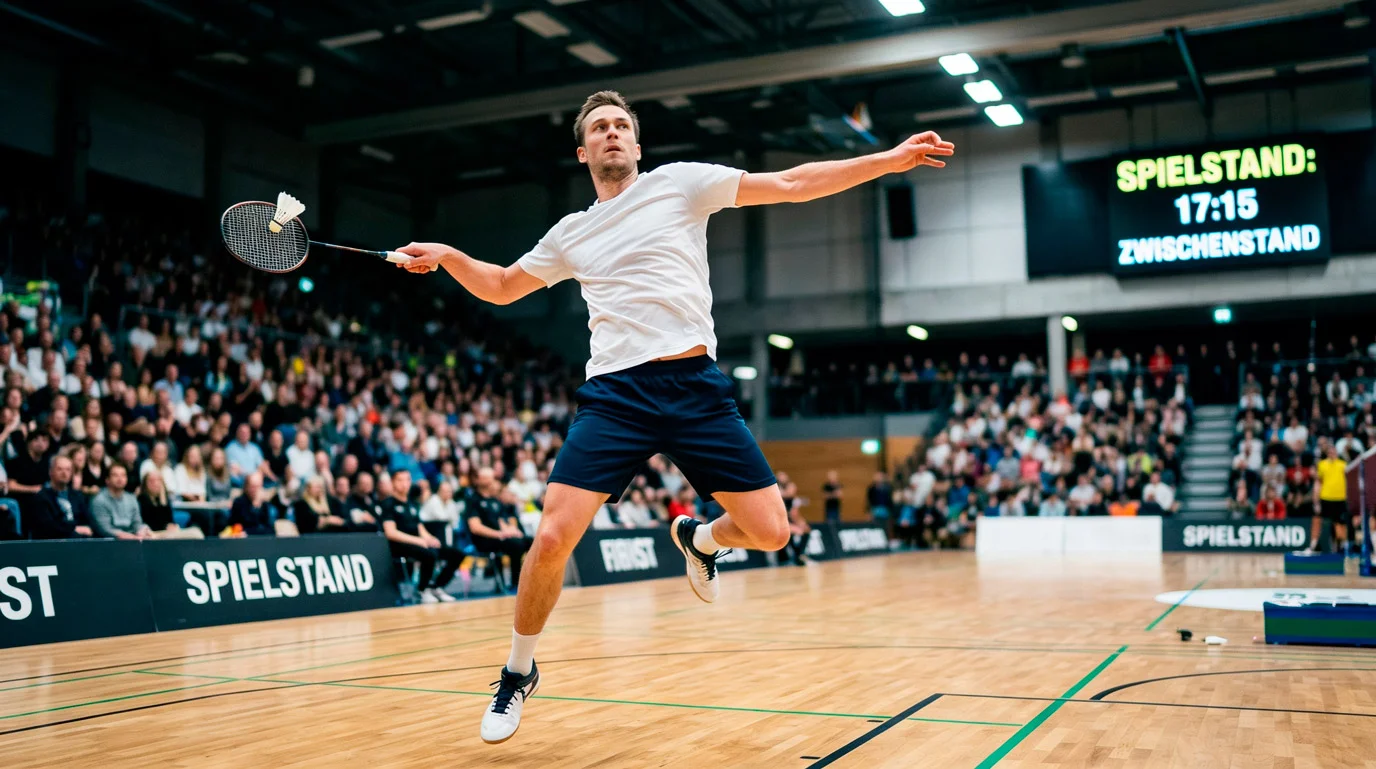 Badminton-Profi mitten im Smash während eines Wettkampfmatchs auf einem internationalen Turnier